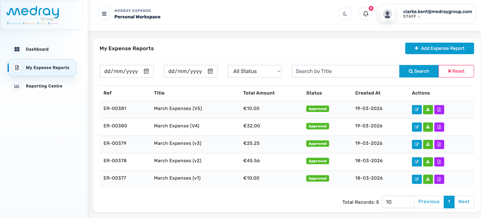 Expense report listing screen